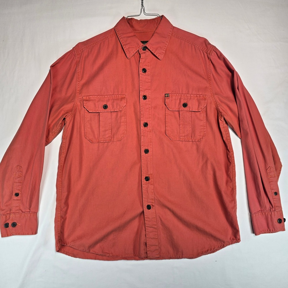 Eddie Bauer Mens Large Coral Orange Cotton Utility Button Down Shirt Long Sleeve